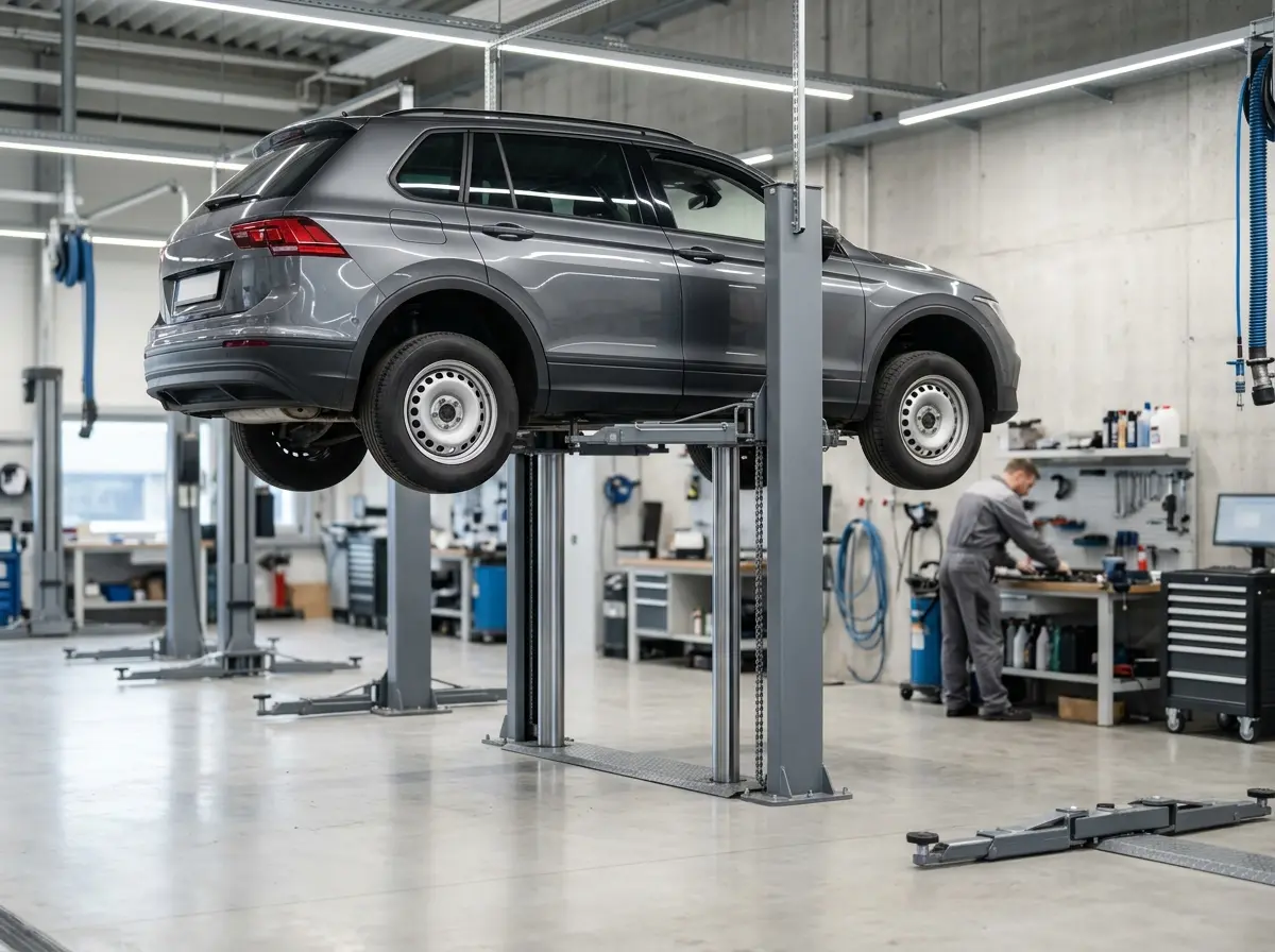 An SUV raised on a lift in a dealership service bay