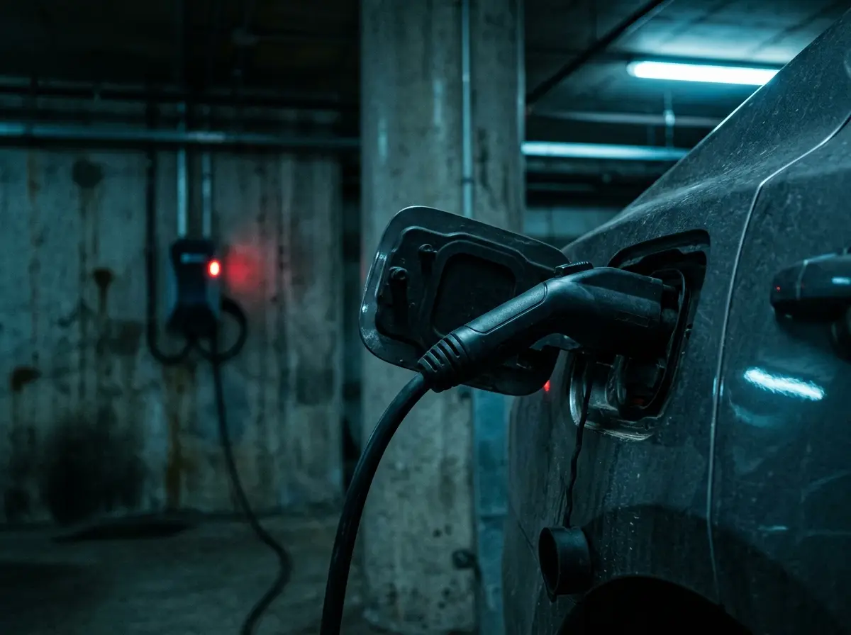 An electric car's charge port plugged into a wall charger showing a red fault light