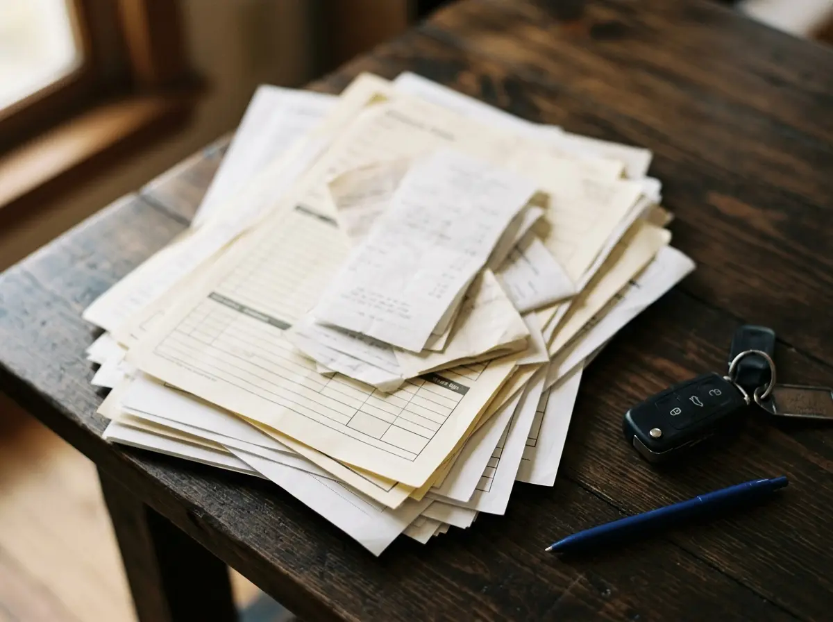 A stack of blurred repair paperwork with a car key fob and a pen on a desk